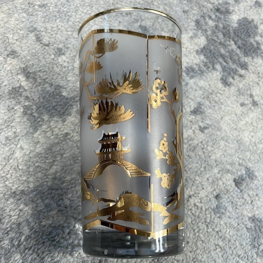 Asian Gold Leaf Frosted High Ball Glasses Pagoda Lotus Tree Cocktail Set of 2